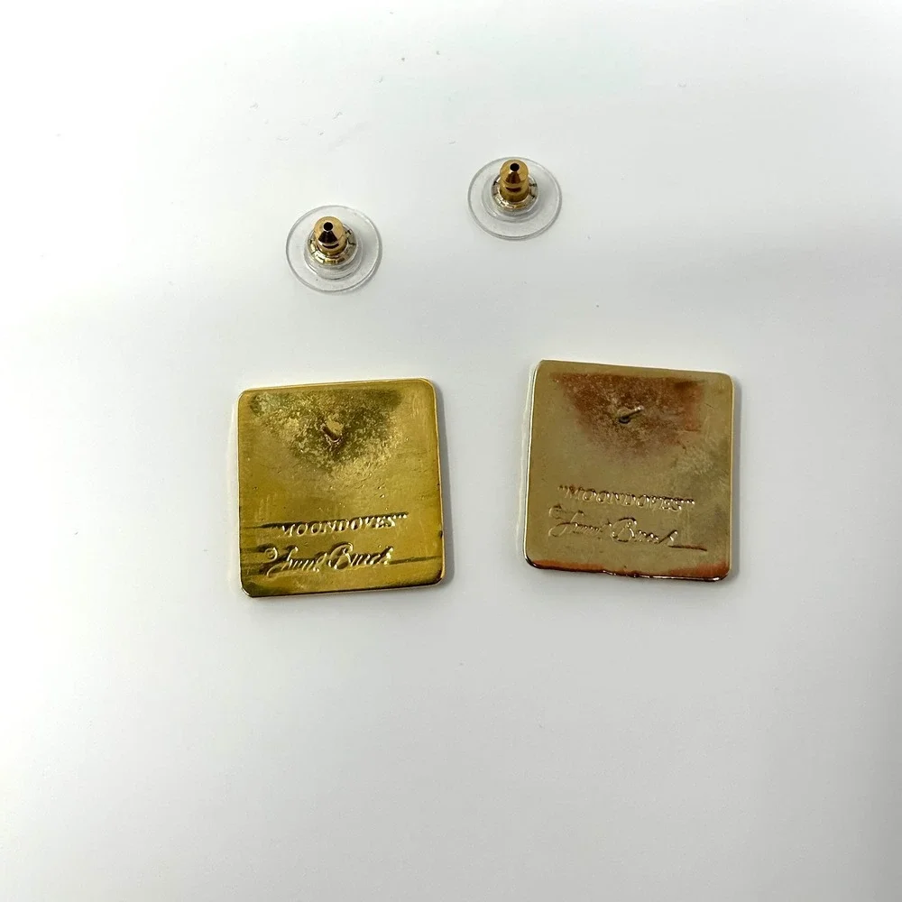 VTG Laurel Burch Moondoves Square‎ Enamel Bird Earrings Gold Tone Studs
